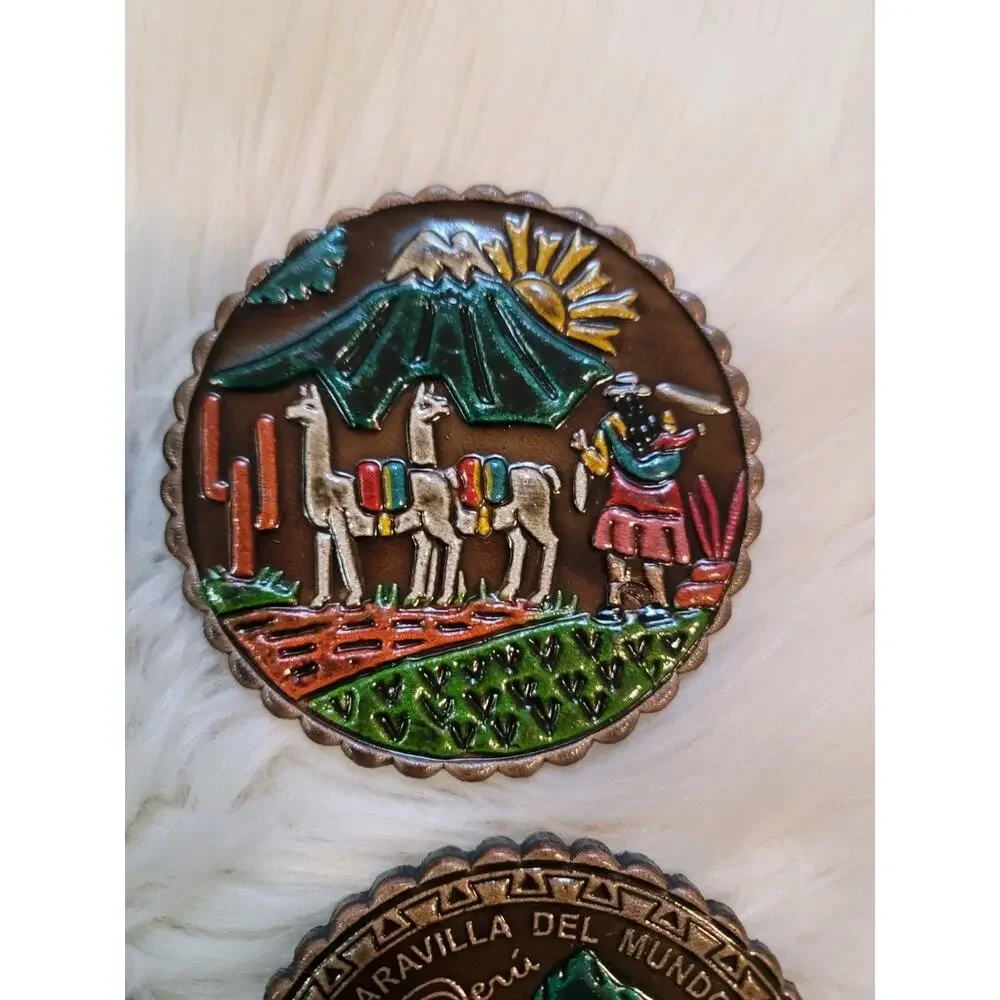 Peru Handpainted Coasters Llama Set 6 W/ Holder Folk Art Souvenir Mixed Material